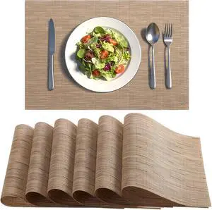 Placemats Set of 6, Heat Resistant Non-Slip Place Mats, Durable Washable PVC Vinyl Woven Table Mats, Linen Textured Table Placemats for Dining Kitchen Resistant Easy to Clean(Brown) Placemats Set of 6, Heat Resistant Non-Slip Place Mats, Durable Washable PVC Vinyl Woven Table Mats, Linen Textured Table Placemats for Dining Kitchen Resistant Easy to Clean(Brown)