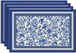 Blue Floral Branches Linen Placemats Set of 4, Chinoiserie Table Mats | Washable Non-Slip Heat Resistant Linen Fabric Rectangle Place Mats for Indoor Outdoor Party Kitchen Dining Decor 12 x 18 Inch Blue Floral Branches Linen Placemats Set of 4, Chinoiserie Table Mats | Washable Non-Slip Heat Resistant Linen Fabric Rectangle Place Mats for Indoor Outdoor Party Kitchen Dining Decor 12 x 18 Inch