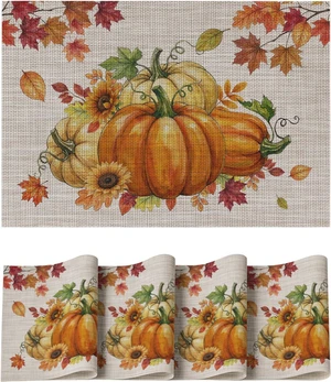 Pumpkins Maple Leaves Fall Vinyl Placemats Set of 4, Wipeable Colorful Printing PVC Place Mats for Party Kitchen Dining Decor, Beige Pumpkins Maple Leaves Fall Vinyl Placemats Set of 4, Wipeable Colorful Printing PVC Place Mats for Party Kitchen Dining Decor, Beige