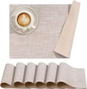 Placemats Set of 6 Heat Resistant Washable Wipeable Placemat Woven Non-Slip Foldable Vinyl/Plastic Place Mats Indoor/Outdoor Mat Kitchen Dining Table Pad, Beige Placemats Set of 6 Heat Resistant Washable Wipeable Placemat Woven Non-Slip Foldable Vinyl/Plastic Place Mats Indoor/Outdoor Mat Kitchen Dining Table Pad, Beige