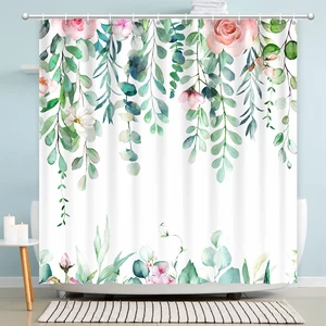 Green Leaves Shower Curtain Green, Watercolor Eucalyptus Shower Curtain Green Leaves Shower Curtain Green, Watercolor Eucalyptus Shower Curtain