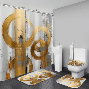4pcs Gold Abstract Shower Curtain Bathroom Decor Sets with Rugs 4pcs Gold Abstract Shower Curtain Bathroom Decor Sets with Rugs