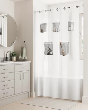 Frosty, 71 x 74, Heavyweight 8g PEVA Instacurtain for Bathroom with Gray Built-in Rustproof Rings, Frosty No Hook 3-in-1 Waterproof Shower Curtain with 5 Storage Pockets Frosty, 71 x 74, Heavyweight 8g PEVA Instacurtain for Bathroom with Gray Built-in Rustproof Rings, Frosty No Hook 3-in-1 Waterproof Shower Curtain with 5 Storage Pockets