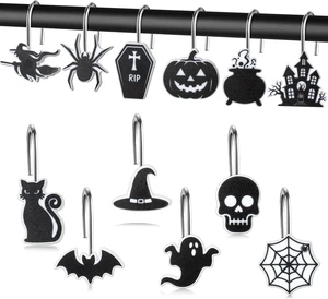 Halloween Shower Curtain Hooks - 12Pcs Horror Gothic Decorative Hangers Metal Rustproof Bathroom Black Spooky Decor Pendants Accessories with Pumpkin Bat Ghost Witch Hat Skull Curtains Rings Halloween Shower Curtain Hooks - 12Pcs Horror Gothic Decorative Hangers Metal Rustproof Bathroom Black Spooky Decor Pendants Accessories with Pumpkin Bat Ghost Witch Hat Skull Curtains Rings