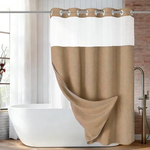 Hotel Style Bathroom Curtain, Built-in Rings, Waffle Textured Bath Curtain, 72 x 74 Inch Double Layer Fabric Shower Curtain Set with Mesh Window, Khaki Tan No Hook Shower Curtain with Snap-in Liner Hotel Style Bathroom Curtain, Built-in Rings, Waffle Textured Bath Curtain, 72 x 74 Inch Double Layer Fabric Shower Curtain Set with Mesh Window, Khaki Tan No Hook Shower Curtain with Snap-in Liner
