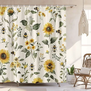 Beige Yellow Bath Curtain 60X72 Inch, Vintage Chic Country Floral Botanical Floral Plant Farmhouse Cottagecore Aesthetic Shower Curtain Set with Hook, Rustic Boho Sunflowers Bee Shower Curtain Beige Yellow Bath Curtain 60X72 Inch, Vintage Chic Country Floral Botanical Floral Plant Farmhouse Cottagecore Aesthetic Shower Curtain Set with Hook, Rustic Boho Sunflowers Bee Shower Curtain