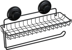 HASKO Suction Cup Paper Towel Holder with Shelf and Hooks - Wall Mount Metal Organizer for Bathroom & Kitchen - SUS 304 Stainless Steel Tissue Roll Hanger - Black HASKO Suction Cup Paper Towel Holder with Shelf and Hooks - Wall Mount Metal Organizer for Bathroom & Kitchen - SUS 304 Stainless Steel Tissue Roll Hanger - Black