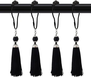 Black, Farmhouse Boho Bathroom Decor, 12Pcs Tassel Shower Curtain Hooks Black, Farmhouse Boho Bathroom Decor, 12Pcs Tassel Shower Curtain Hooks