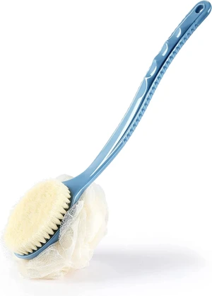 Curved Handle Back Scrubber with Bristles and Mesh Loofah Sponge Curved Handle Back Scrubber with Bristles and Mesh Loofah Sponge
