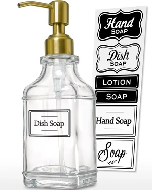 Includes Stickers, Refillable Lotion Bottle for Kitchen & Bathroom, Vintage Square Glass Liquid Soap Dispenser with Gold Rust-Resistant Pump Includes Stickers, Refillable Lotion Bottle for Kitchen & Bathroom, Vintage Square Glass Liquid Soap Dispenser with Gold Rust-Resistant Pump