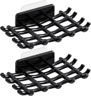 No Drill Installation, Wall-Mounted Adhesive Soap Dish with Self-Draining Grid and Side Hooks No Drill Installation, Wall-Mounted Adhesive Soap Dish with Self-Draining Grid and Side Hooks
