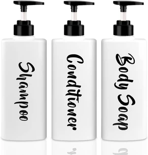 and Body Wash - Wall Mountable Bathroom Organizer, Conditioner, Refillable Plastic Shower Pump Dispenser Set with Printed Design for Shampoo and Body Wash - Wall Mountable Bathroom Organizer, Conditioner, Refillable Plastic Shower Pump Dispenser Set with Printed Design for Shampoo