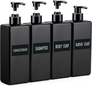 Empty Plastic Bottles for Bathroom Shampoo Conditioner Body Soap Lotion Hand Wash Dish Soap with Labels, Black Refillable Pump Dispenser Set Empty Plastic Bottles for Bathroom Shampoo Conditioner Body Soap Lotion Hand Wash Dish Soap with Labels, Black Refillable Pump Dispenser Set