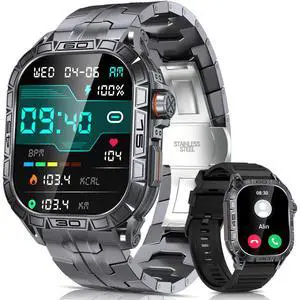 Military Smart Watch for Men(Answer/Make Call), 1.96'' AMOLED Outdoor Smartwatch with Compass/Heart Rate/Sleep Monitor/100+ Sport Modes/IP68 Waterproof for iPhone/Android Phones, 2 Straps Military Smart Watch for Men(Answer/Make Call), 1.96'' AMOLED Outdoor Smartwatch with Compass/Heart Rate/Sleep Monitor/100+ Sport Modes/IP68 Waterproof for iPhone/Android Phones, 2 Straps