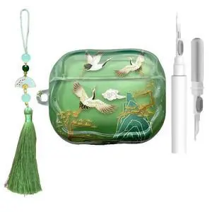 Lucky Crane Case for AirPod Pro 2, Green Cover Soft TPU Protective Skin Shockproof with Green White Fan Beaded Tassel Keychain and Cleaning Kit, Compatible with Airpods Pro 2nd/1st Generation Lucky Crane Case for AirPod Pro 2, Green Cover Soft TPU Protective Skin Shockproof with Green White Fan Beaded Tassel Keychain and Cleaning Kit, Compatible with Airpods Pro 2nd/1st Generation