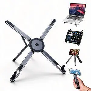 4-in-1 Laptop Stand, Magnetic Phone Tripod Holder, Adjustable Aluminum, Gray 4-in-1 Laptop Stand, Magnetic Phone Tripod Holder, Adjustable Aluminum, Gray