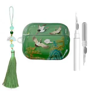 Lucky Crane Case for AirPod Pro 3, Green Cover Soft TPU Protective Skin Shockproof with Green White Fan Beaded Tassel Keychain and Cleaning Kit, Compatible with Airpods Pro 3 Generation Lucky Crane Case for AirPod Pro 3, Green Cover Soft TPU Protective Skin Shockproof with Green White Fan Beaded Tassel Keychain and Cleaning Kit, Compatible with Airpods Pro 3 Generation