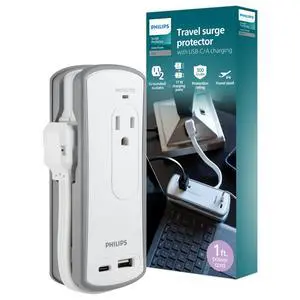 2-Outlet Travel Surge Protector, 2 USB 1A/1C, 5V/3.4A, 300J, 1 Ft, Grey/White, SPP2111WA/37 2-Outlet Travel Surge Protector, 2 USB 1A/1C, 5V/3.4A, 300J, 1 Ft, Grey/White, SPP2111WA/37