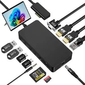 Dual HDMI+VGA Dock Works Devices - 12-in-1 Triple Display Docking Station for Pro (12/11/10/9/8/X/7/6/5/4), Laptop, Go, Book Dual HDMI+VGA Dock Works Devices - 12-in-1 Triple Display Docking Station for Pro (12/11/10/9/8/X/7/6/5/4), Laptop, Go, Book