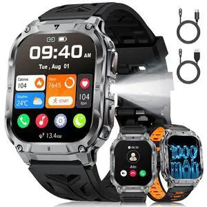 2.0" Military Smart Watch for Men with Flashlight, Make/Answer Calls, 1000mAh, IP68 Waterproof, 100+ Sport Modes Fitness Tracker for Workout Outdoor iOS Android Compatible, Black 2.0" Military Smart Watch for Men with Flashlight, Make/Answer Calls, 1000mAh, IP68 Waterproof, 100+ Sport Modes Fitness Tracker for Workout Outdoor iOS Android Compatible, Black