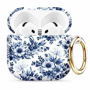 Compatible with AirPod 4th Generation (2024), Cute Protective Cover with Keychain, TPU Anti-Drop Earbuds Case for Women and Men(Blue Floral On White Background) Compatible with AirPod 4th Generation (2024), Cute Protective Cover with Keychain, TPU Anti-Drop Earbuds Case for Women and Men(Blue Floral On White Background)