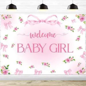 Welcome Baby Girl Backdrop - Pink Bow Baby Shower Party Decorations, Elegant Pink Floral Decorations with Ribbon Bows, Girl Baby Shower Photography Background (7x5ft) Welcome Baby Girl Backdrop - Pink Bow Baby Shower Party Decorations, Elegant Pink Floral Decorations with Ribbon Bows, Girl Baby Shower Photography Background (7x5ft)
