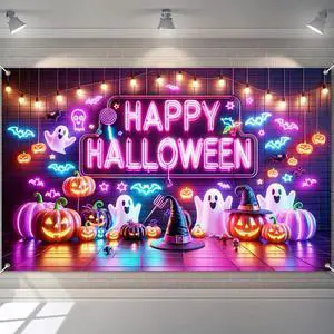 Halloween Ghost Pumpkin Banner 71x43 in Spooky Party Decor | Halloween Backdrop and Spooky Wall Banner for Haunted House, Photo Booth and Porch, Neon Ghost Pumpkin Trick Style Halloween Ghost Pumpkin Banner 71x43 in Spooky Party Decor | Halloween Backdrop and Spooky Wall Banner for Haunted House, Photo Booth and Porch, Neon Ghost Pumpkin Trick Style