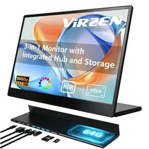 Portable Monitor 15.6 Inch 1080p Built-in Hub Docking Station 64G Storage Card IPS Display with Foldable Stand for Mac Windows, iPad,Smart Phone Portable Monitor 15.6 Inch 1080p Built-in Hub Docking Station 64G Storage Card IPS Display with Foldable Stand for Mac Windows, iPad,Smart Phone