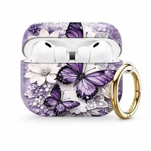 Compatible with AirPod Pro 3 Case (2025), Stylish Pattern Protective Cover with Keychain, Shockproof Anti-Drop TPU Case for Women and Men(Purple Butterflies White Flowers Lace) Compatible with AirPod Pro 3 Case (2025), Stylish Pattern Protective Cover with Keychain, Shockproof Anti-Drop TPU Case for Women and Men(Purple Butterflies White Flowers Lace)