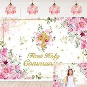 First Holy Communion Backdrop Pink Flower Gold Cross God Bless Photography Background Girls Christening Party Baby Shower Decorations Banner First Holy Communion Backdrop Pink Flower Gold Cross God Bless Photography Background Girls Christening Party Baby Shower Decorations Banner