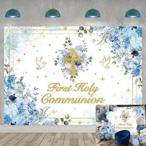 First Holy Communion Backdrop Boys God Bless Background Blue Floral Glitter Christening Party Decorations Banner Newborn Baby Shower Photo Props (Blue, 82x59 inch (7x5FT)) First Holy Communion Backdrop Boys God Bless Background Blue Floral Glitter Christening Party Decorations Banner Newborn Baby Shower Photo Props (Blue, 82x59 inch (7x5FT))