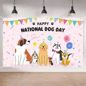 Happy National Dog Day Banner - 70.8x43.3in Pink Party Banner with Cute Dogs, Balloons & Confetti for Pet Celebrations Happy National Dog Day Banner - 70.8x43.3in Pink Party Banner with Cute Dogs, Balloons & Confetti for Pet Celebrations