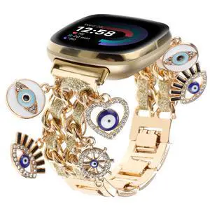 Stylish Metal Wristband Compatible with Fitbit Versa 4/Versa 3 Bands/Sense 2/Sense Band,Cute Strap with Love Cross Unique Pendants Chain Charms Bracelet for Women Stylish Metal Wristband Compatible with Fitbit Versa 4/Versa 3 Bands/Sense 2/Sense Band,Cute Strap with Love Cross Unique Pendants Chain Charms Bracelet for Women
