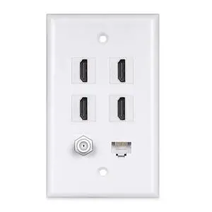 HDMI Wall Plate 4Port, 1 Cat6 Ethernet, 1 Coax Cable TV F Type Port | HDMI 2.0 Coupler Insert Wallplate, Decorative Female to Female Faceplate, White HDMI Wall Plate 4Port, 1 Cat6 Ethernet, 1 Coax Cable TV F Type Port | HDMI 2.0 Coupler Insert Wallplate, Decorative Female to Female Faceplate, White