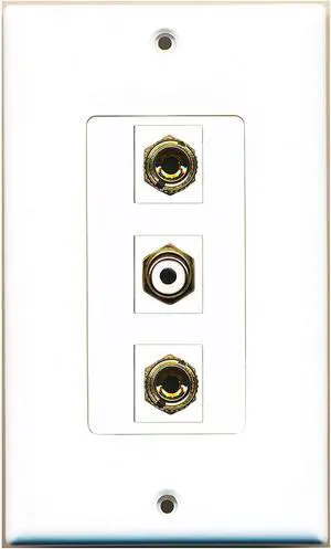 1 Port RCA White 2 Port Banana Speaker Decorative Wall Plate - White 1 Port RCA White 2 Port Banana Speaker Decorative Wall Plate - White