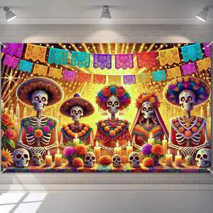 Dia de Los Muertos Banner 71x43 in Cultural Festival Decor | Sugar Skull Fiesta Banner, Day of the Dead Background for Photo Booth, Wall and Fiesta, Skeleton Family Altar Scene Dia de Los Muertos Banner 71x43 in Cultural Festival Decor | Sugar Skull Fiesta Banner, Day of the Dead Background for Photo Booth, Wall and Fiesta, Skeleton Family Altar Scene