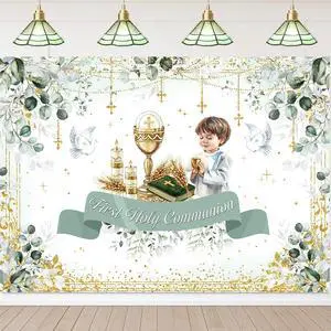 First Holy Communion Banner Backdrop 8x6FT Green Eucalyptus Leaves God Bless Baptism Photo Background for Boys Baby Shower Party Decorations Supplies Photo Props First Holy Communion Banner Backdrop 8x6FT Green Eucalyptus Leaves God Bless Baptism Photo Background for Boys Baby Shower Party Decorations Supplies Photo Props