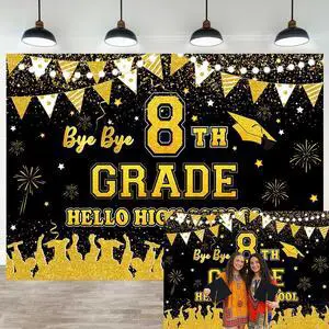 Black Gold Bye Bye 8th Grade Hello High School Backdrop 8x6ft | 8TH Grade Graduation Party Decorations Class of 2026 Photo Booth Props Black Gold Bye Bye 8th Grade Hello High School Backdrop 8x6ft | 8TH Grade Graduation Party Decorations Class of 2026 Photo Booth Props