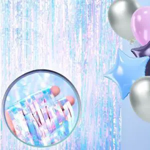 Iridescent Foil Fringe Curtain Backdrop, 3.3 x 8 FT, 2 PCS, Holographic Tinsel Streamers for Photo Booth, Birthday Party, Bridal Shower, Baby Shower, Disco Party Decorations Iridescent Foil Fringe Curtain Backdrop, 3.3 x 8 FT, 2 PCS, Holographic Tinsel Streamers for Photo Booth, Birthday Party, Bridal Shower, Baby Shower, Disco Party Decorations