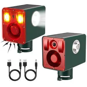 2 Pack Solar Outdoor Motion Sensor Alarm Sound and Light 129db 13 Sound Dog Barking Gunshot 3 Modes Strobe Light, Animal Detector Deterrent Noise Maker Security Siren Waterproof for Home Farm 2 Pack Solar Outdoor Motion Sensor Alarm Sound and Light 129db 13 Sound Dog Barking Gunshot 3 Modes Strobe Light, Animal Detector Deterrent Noise Maker Security Siren Waterproof for Home Farm