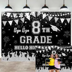 Black Silver Bye Bye 8th Grade Hello High School Backdrop 8x6ft | 8TH Grade Graduation Party Decorations Class of 2026 Photo Booth Props Black Silver Bye Bye 8th Grade Hello High School Backdrop 8x6ft | 8TH Grade Graduation Party Decorations Class of 2026 Photo Booth Props