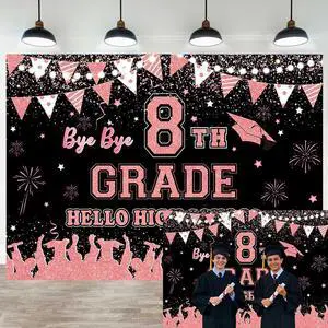 Rose Gold Bye Bye 8th Grade Hello High School Backdrop 8x6ft | 8TH Grade Graduation Party Decorations Class of 2026 Photo Booth Props Rose Gold Bye Bye 8th Grade Hello High School Backdrop 8x6ft | 8TH Grade Graduation Party Decorations Class of 2026 Photo Booth Props