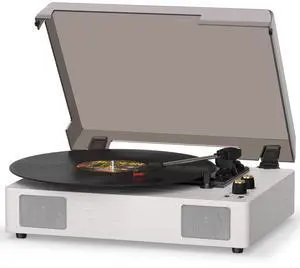 White Bluetooth Record Player, 3-Speed Belt Drive Turntable | Classic white design with Bluetooth, 3-speed playback, built-in speakers, auto stop, AUX, RCA and headphone output White Bluetooth Record Player, 3-Speed Belt Drive Turntable | Classic white design with Bluetooth, 3-speed playback, built-in speakers, auto stop, AUX, RCA and headphone output