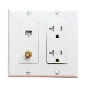 2 Gang Ethernet Coax Wall Plate with 20Amp Power Outlet - Duplex Receptacle Outlet Cover Plate with Coaxial Ethernet +1 Port CAT6 + 1 Coax Cable TV F Type Jack- White 2 Gang Ethernet Coax Wall Plate with 20Amp Power Outlet - Duplex Receptacle Outlet Cover Plate with Coaxial Ethernet +1 Port CAT6 + 1 Coax Cable TV F Type Jack- White