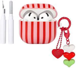 Compatible for AirPods 4 Case Soft TPU with Cleaner Kit Cute Striped Aesthetic Design Shockproof Cover with Love Heart Keychain for Girls Woman-Red Compatible for AirPods 4 Case Soft TPU with Cleaner Kit Cute Striped Aesthetic Design Shockproof Cover with Love Heart Keychain for Girls Woman-Red