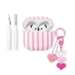 Compatible for AirPods 4 Case Soft TPU with Cleaner Kit Cute Striped Aesthetic Design Shockproof Cover with Love Heart Keychain for Girls Woman-Pink Compatible for AirPods 4 Case Soft TPU with Cleaner Kit Cute Striped Aesthetic Design Shockproof Cover with Love Heart Keychain for Girls Woman-Pink