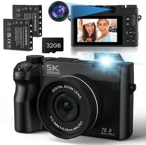 5K UHD 75MP Digital Camera for Photography - 18X Zoom, Autofocus, 32GB, Anti-Shake WiFi Vlogging Camera with Fill Light, 180 Flip Screen Compact Vlog Travel Camara for YouTube, Two Batteries 5K UHD 75MP Digital Camera for Photography - 18X Zoom, Autofocus, 32GB, Anti-Shake WiFi Vlogging Camera with Fill Light, 180 Flip Screen Compact Vlog Travel Camara for YouTube, Two Batteries