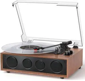 Vinyl Record Player Bluetooth Turntable with 4 Built-in Speakers, 3-Speed Belt-Driven Wireless Record Player with Adjustable Counterweight, LED Light Knobs, RCA Out, AUX-in, Walnut Vinyl Record Player Bluetooth Turntable with 4 Built-in Speakers, 3-Speed Belt-Driven Wireless Record Player with Adjustable Counterweight, LED Light Knobs, RCA Out, AUX-in, Walnut