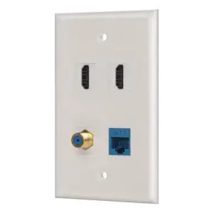4 Port Wall Plate with Coaxial TV Cable F Type + Cat6 Ethernet +2 HDMI Keystone Female to Female Jack in White 4 Port Wall Plate with Coaxial TV Cable F Type + Cat6 Ethernet +2 HDMI Keystone Female to Female Jack in White