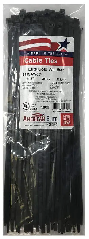 Extreme Cold Weather Black 11" Inch Cable Zip Ties 50 Pounds Tensile Strength UV Resistant Wire Wrap - 100 Pack - Made in USA Extreme Cold Weather Black 11" Inch Cable Zip Ties 50 Pounds Tensile Strength UV Resistant Wire Wrap - 100 Pack - Made in USA